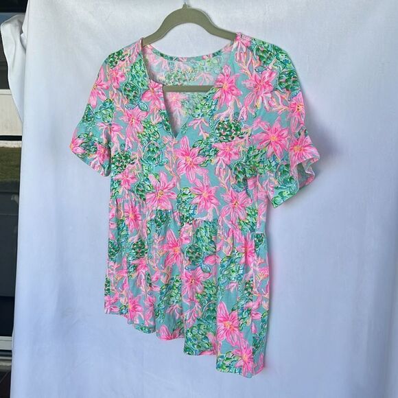 Lilly Pulitzer Jodee Ruffle Sleeve Swing Floral Top - Surf Blue So Shellegant XS - Picture 6 of 9